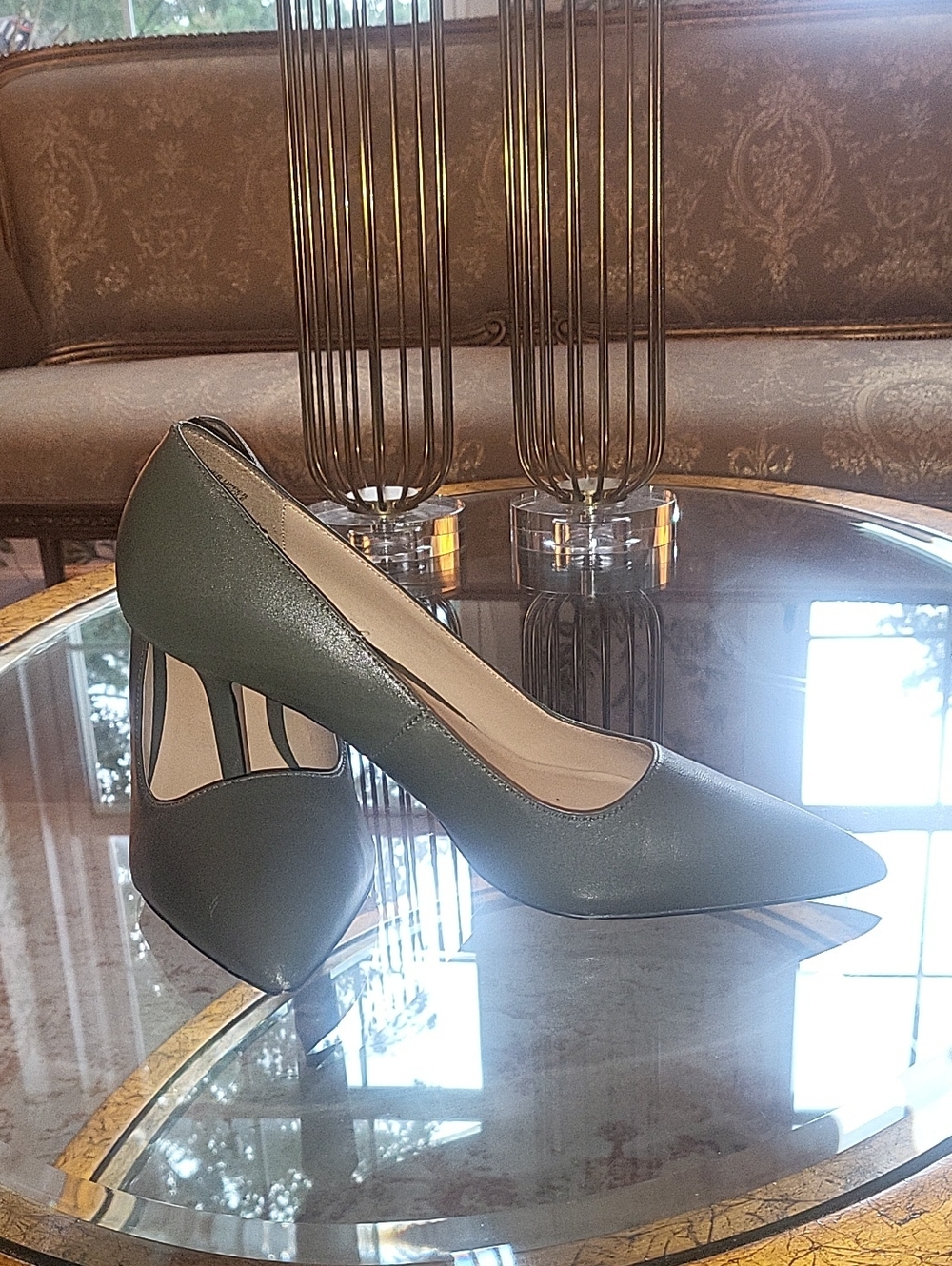 Ann Taylor Leather Heels Mila Pointed-Toe Pumps in Olive Green